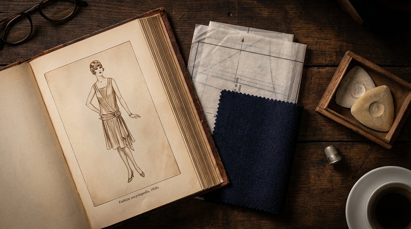 Figurín de los años veinte en un libro de moda antiguo