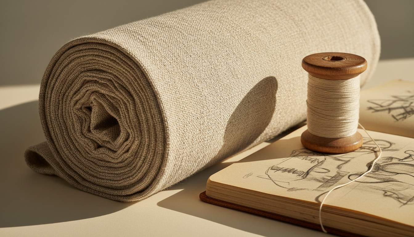 Rollo de lino, carrete de hilo y cuaderno de bocetos de moda
