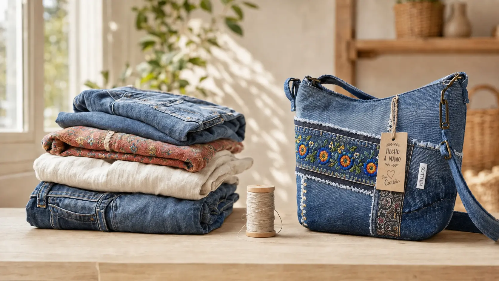 Vaqueros y prendas dobladas junto a un bolso de patchwork con etiqueta Hilillos
