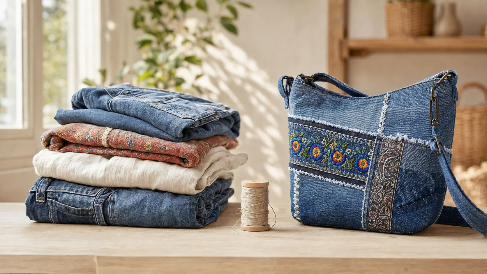 Ropa usada y bolso vaquero creado mediante upcycling en Hilillos Málaga