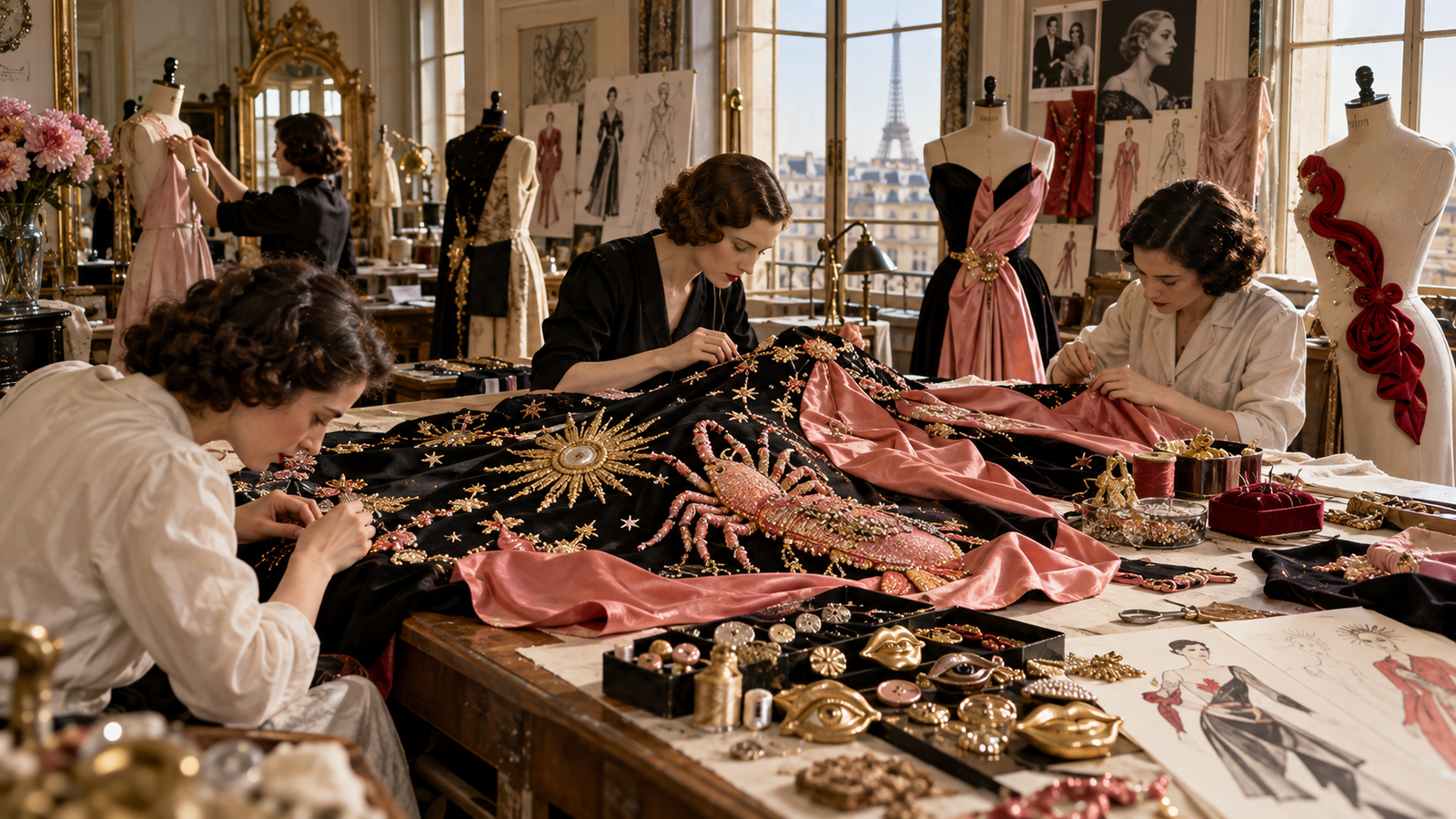 Recreación ilustrativa del atelier de Elsa Schiaparelli y su experimentación con prendas, punto y materiales