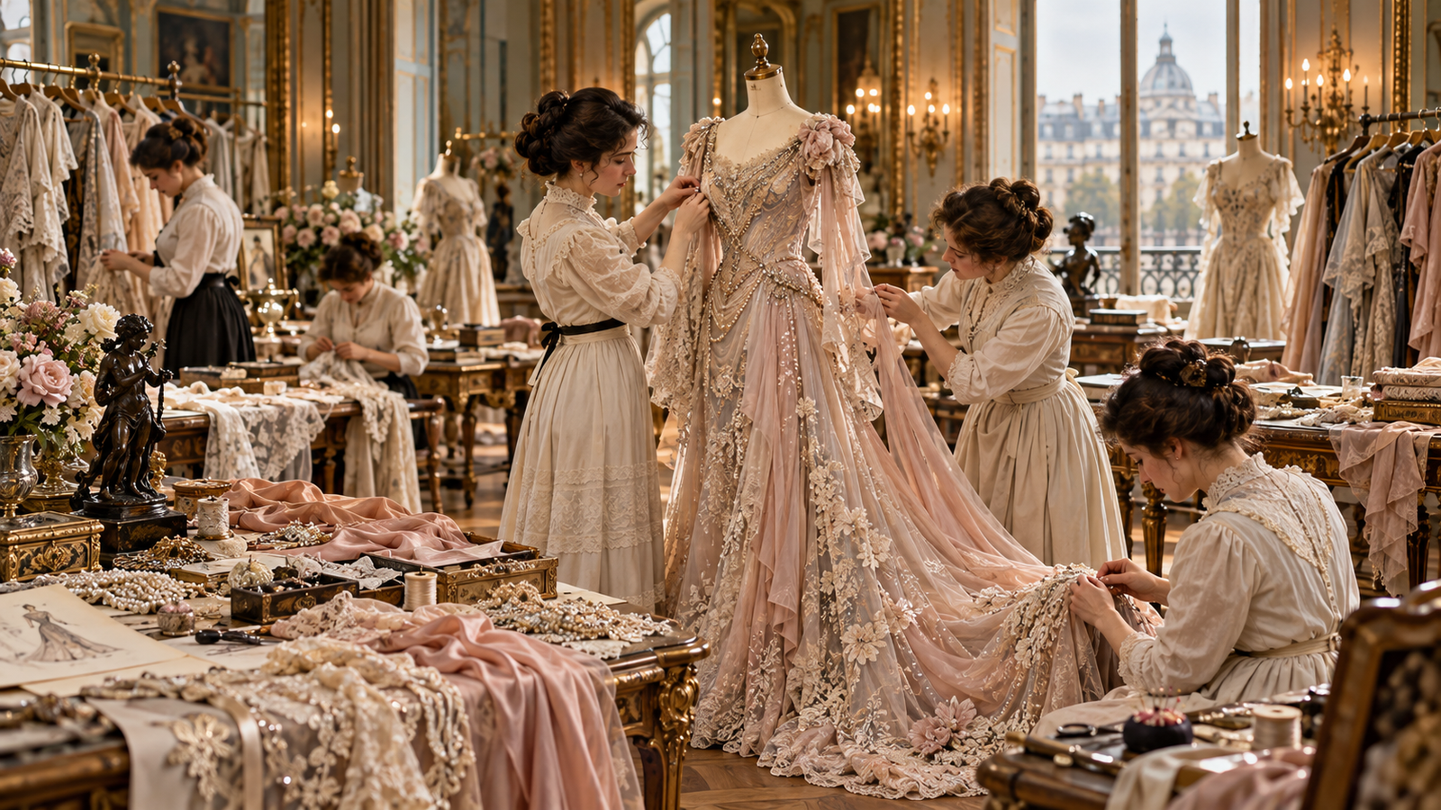 Recreación del atelier de Jacques Doucet con encajes, chiffon, sedas y trabajo de alta costura