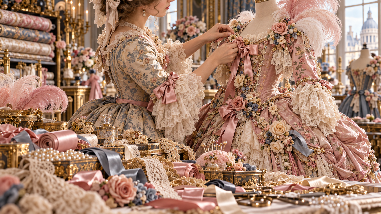 Marchande de modes ornamentando un vestido del siglo XVIII con cintas, flores, encajes y plumas