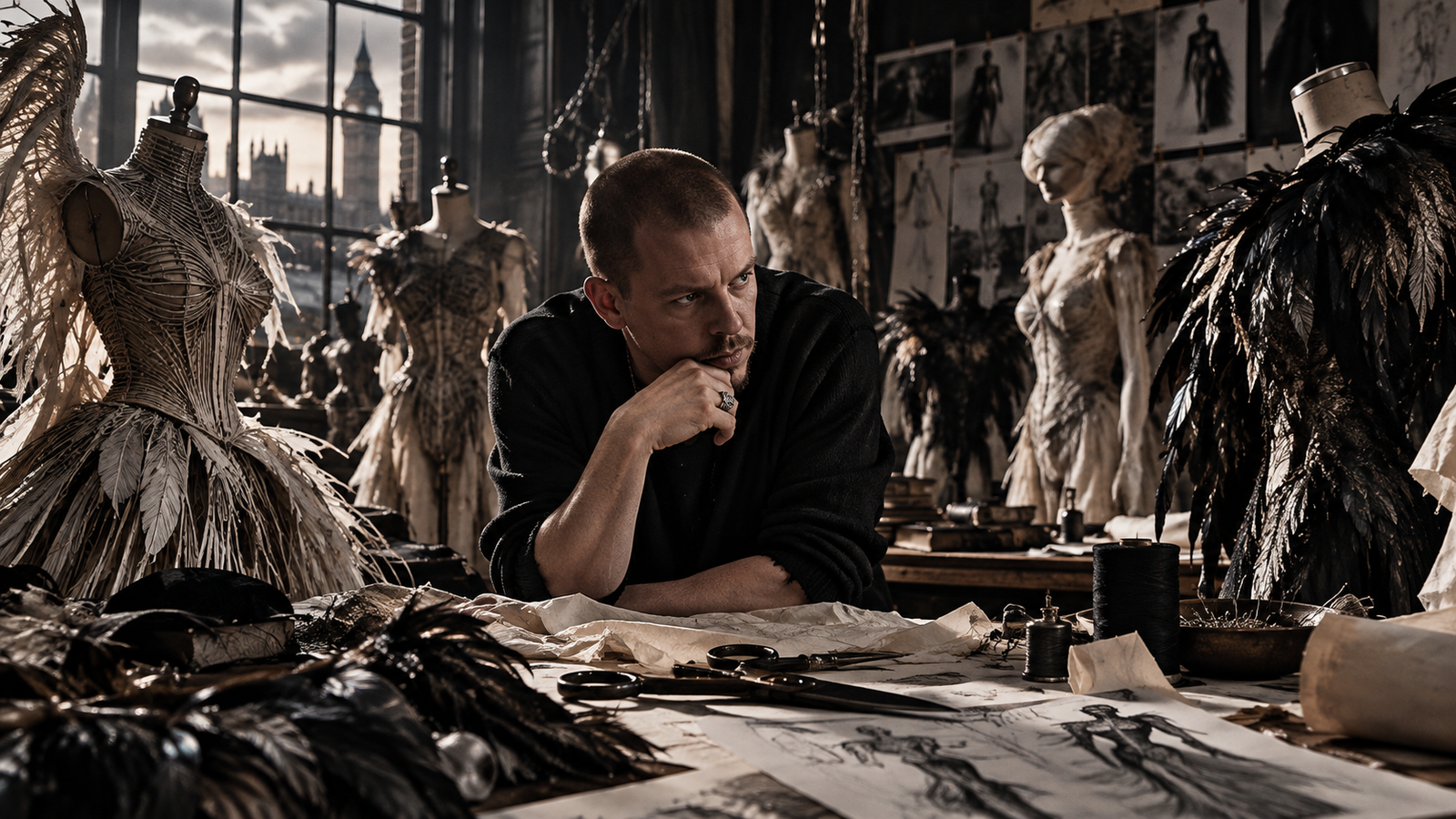 Retrato recreado de Alexander McQueen, diseñador británico, en un entorno de atelier