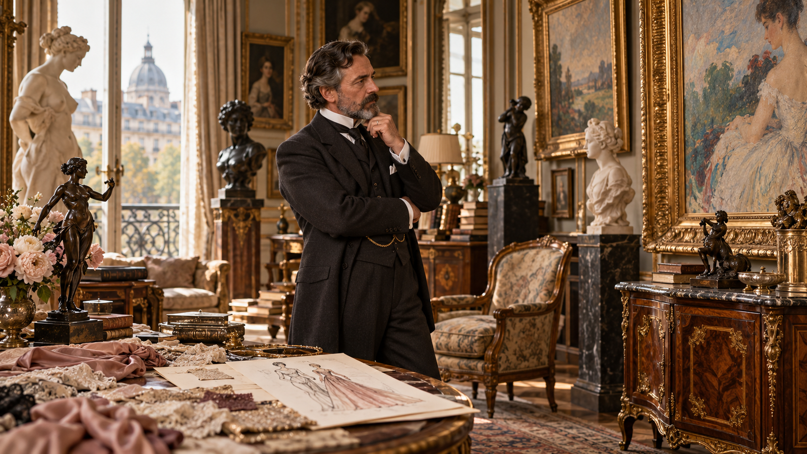 Recreación de Jacques Doucet como coleccionista de arte y creador de moda en París