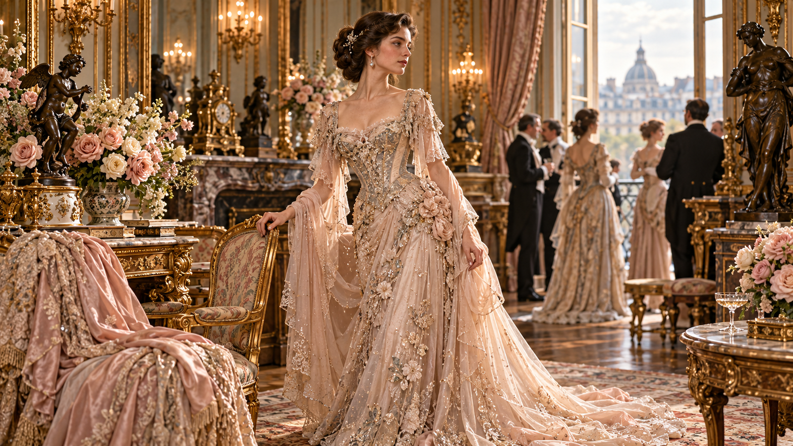 Recreación de un vestido de noche de la Belle Époque inspirado en la alta costura de Jacques Doucet