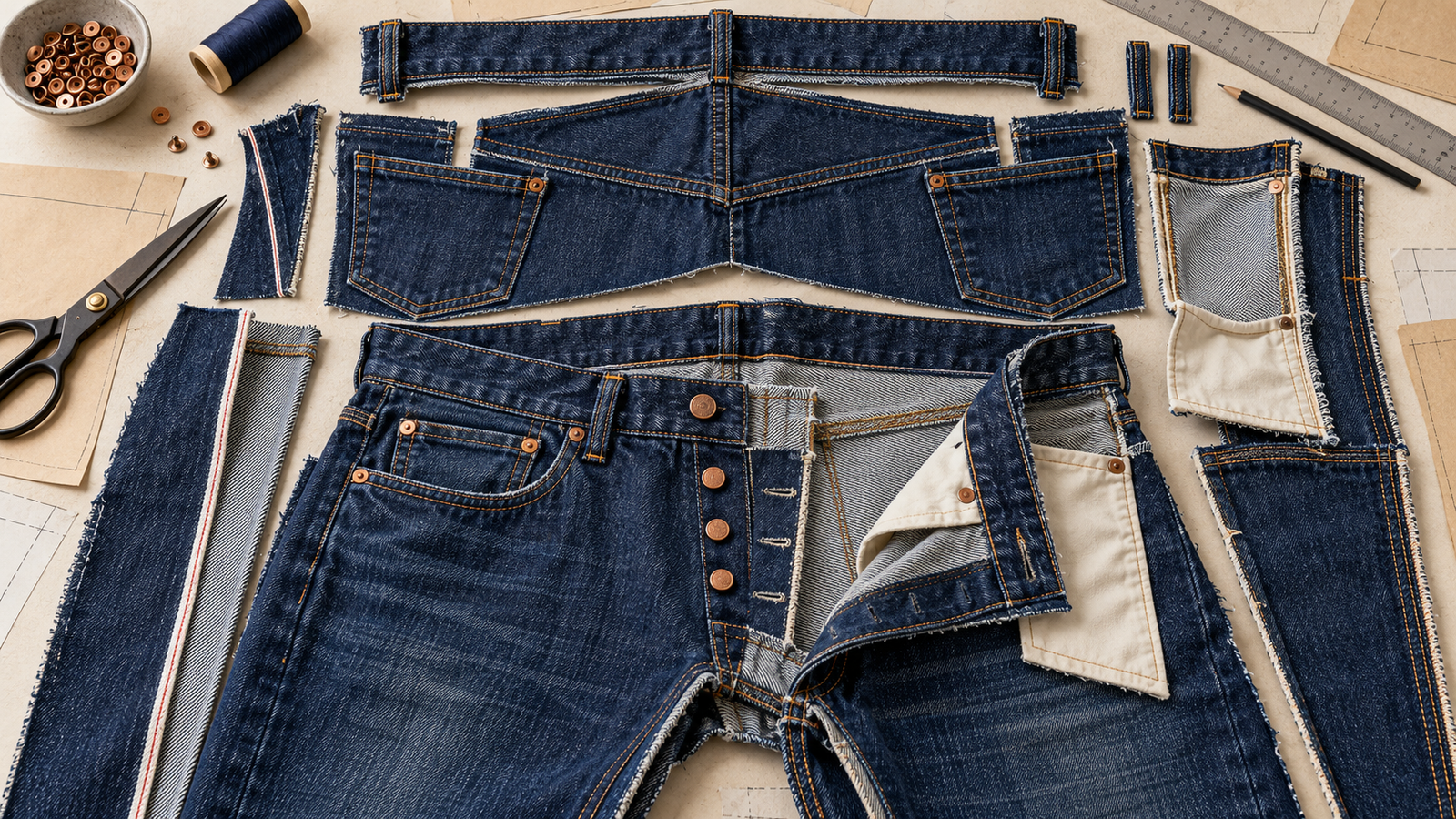 Partes y construcción de un pantalón vaquero de denim