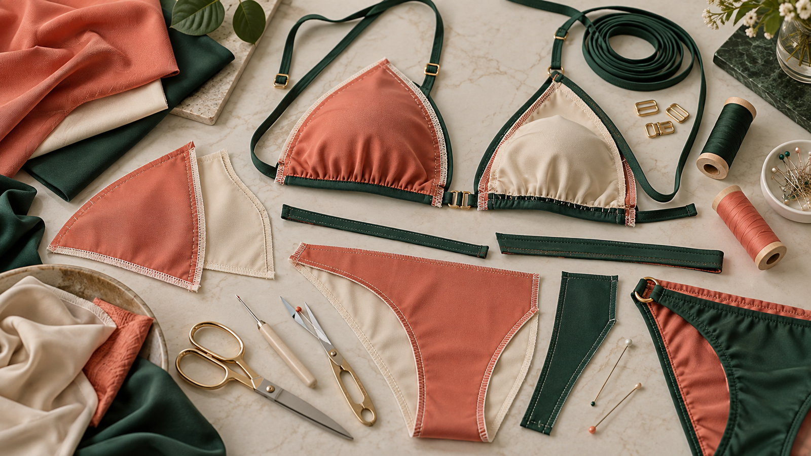 Patronaje, forro, elásticos y cierres utilizados en un bikini