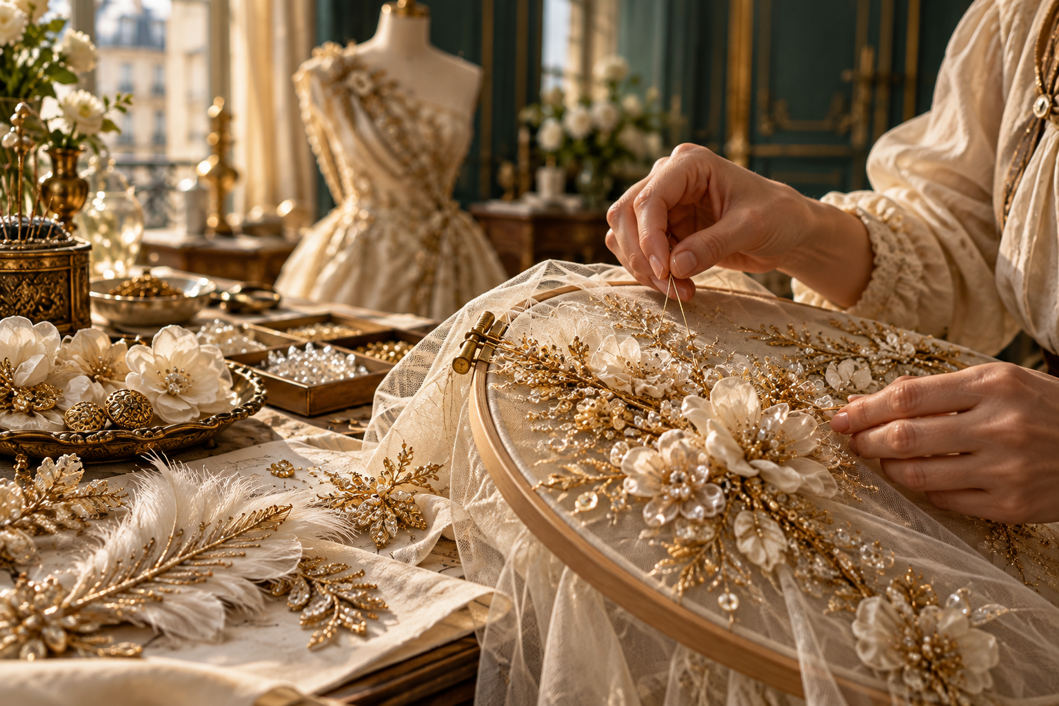 Manos artesanas realizando bordados y métiers d’art para alta costura