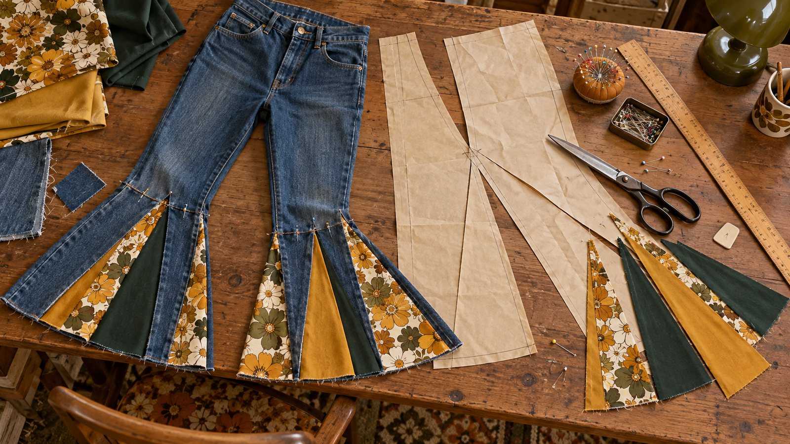 Patrón y godets utilizados para ampliar un pantalón de campana