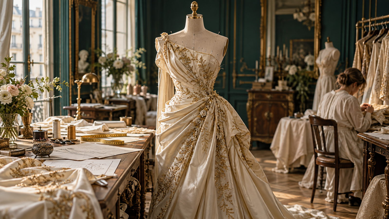 Atelier parisino de alta costura con un vestido en proceso de creación