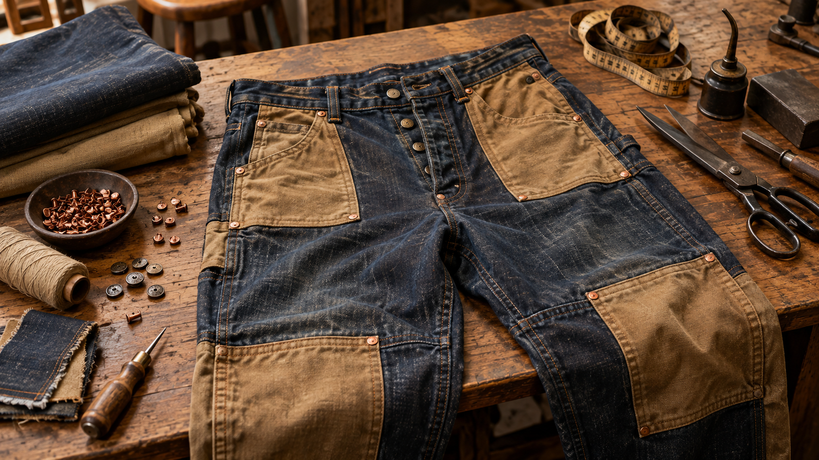 Pantalón de trabajo histórico reforzado con remaches de cobre