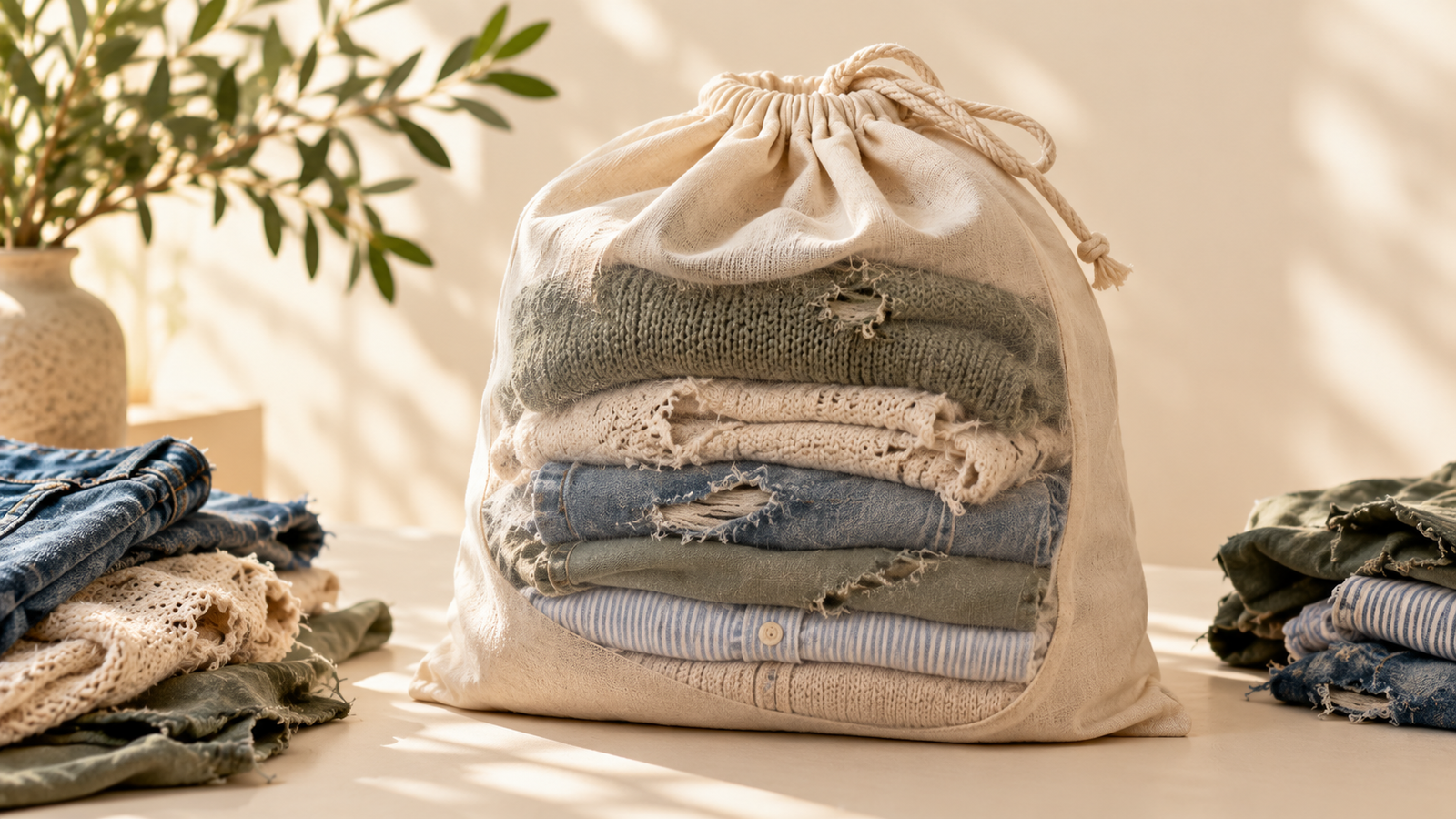 Ropa deteriorada preparada para su recogida y reciclaje textil