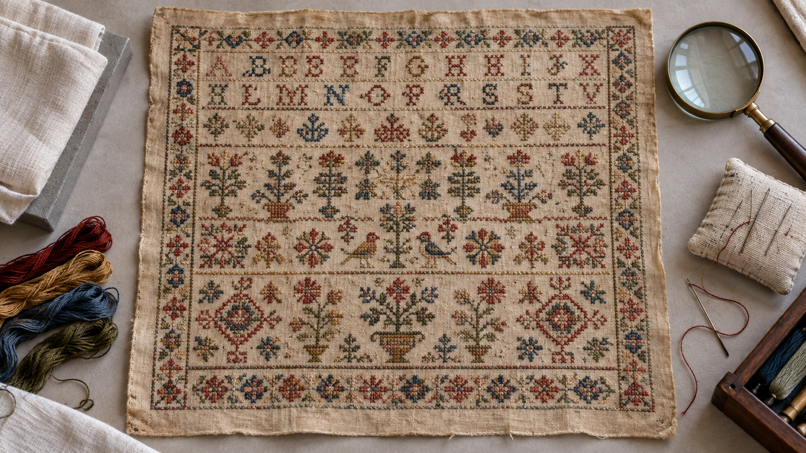 Sampler histórico bordado en punto de cruz