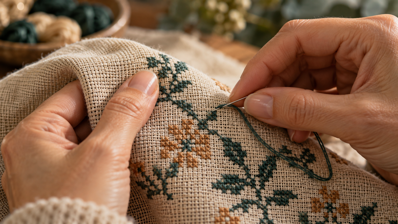 Manos bordando punto de cruz sobre una cuadrícula textil