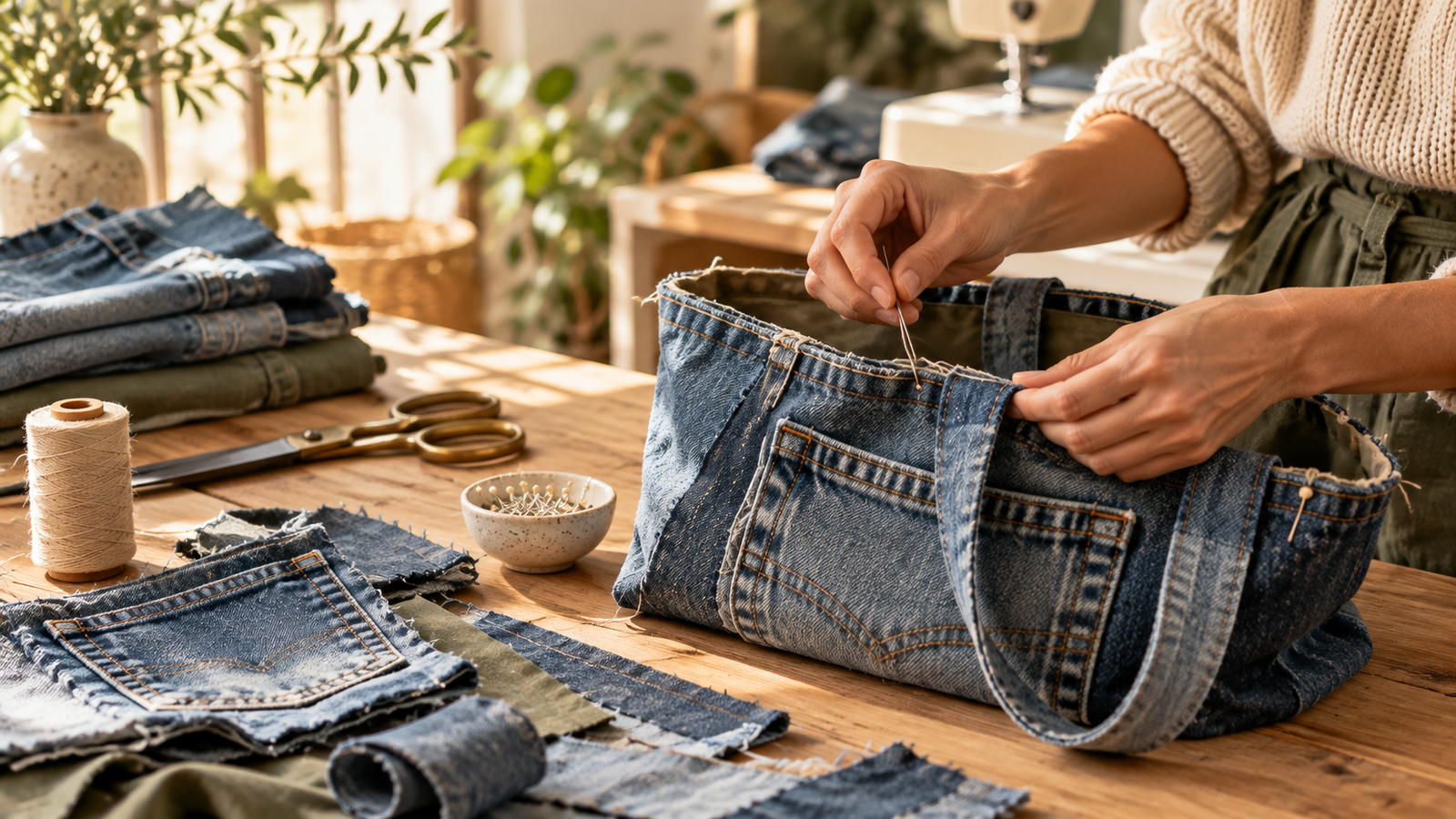 Vaqueros usados transformados en un bolso mediante upcycling textil