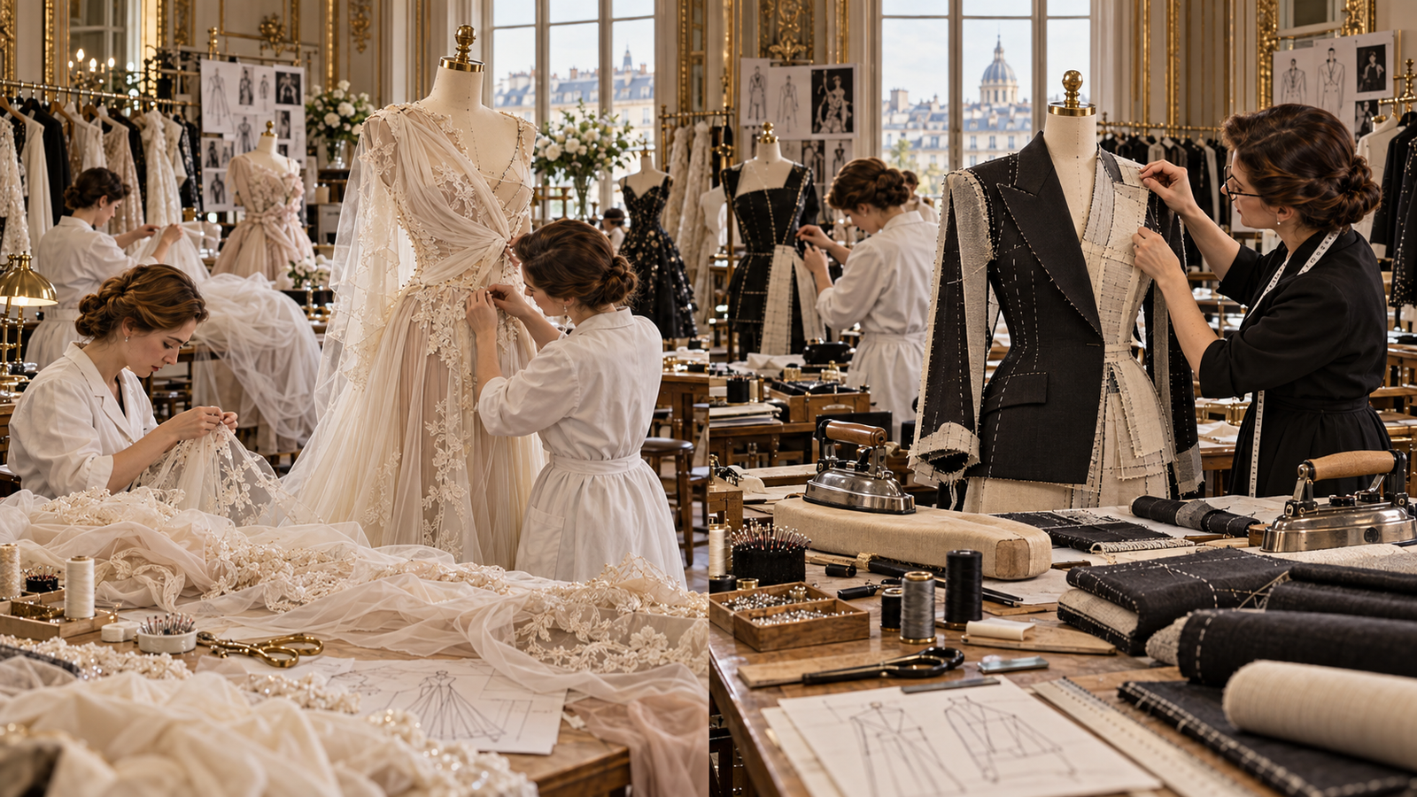 Comparación recreada entre un atelier flou y un atelier tailleur de alta costura
