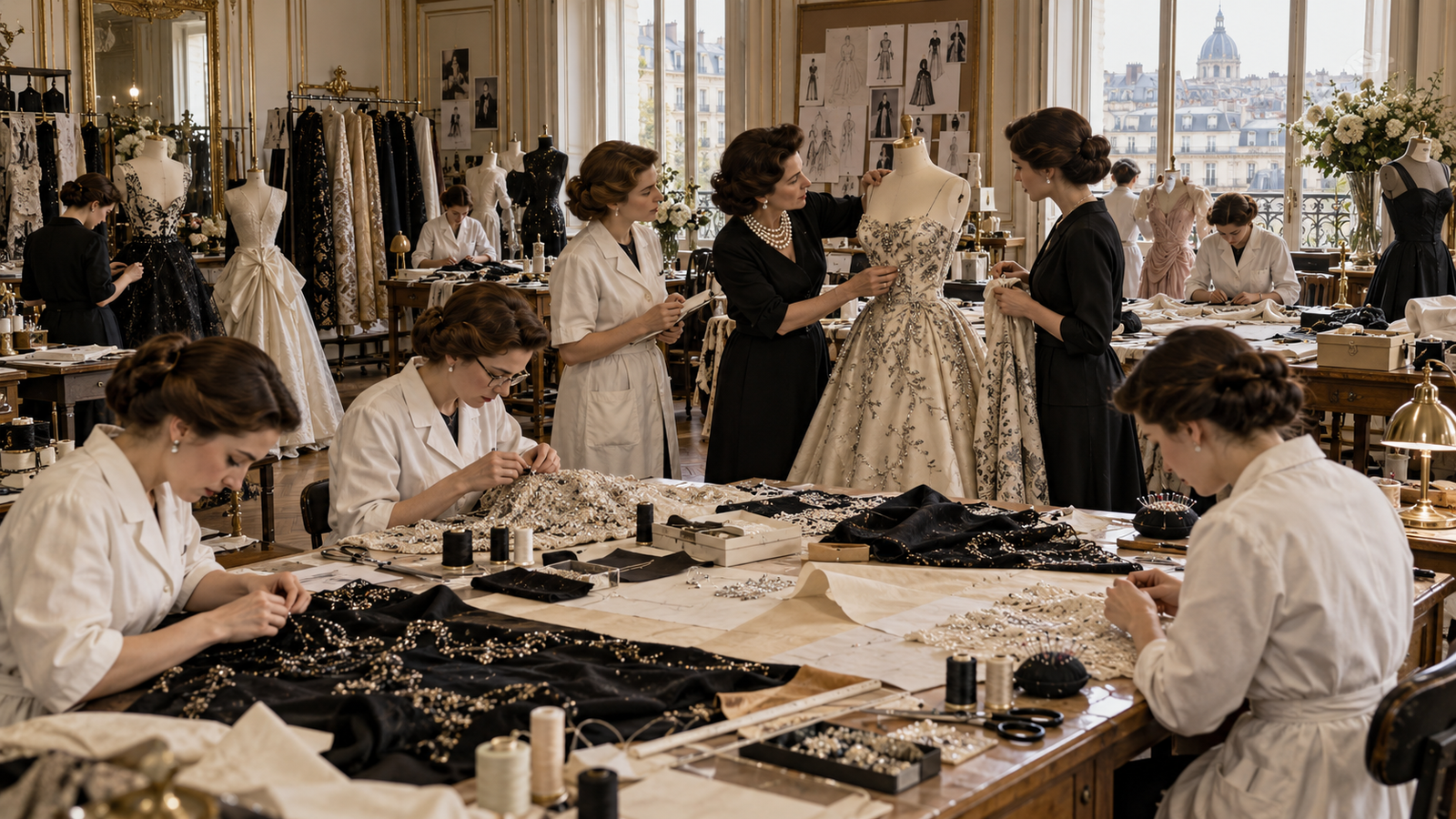 Interior recreado de una maison de couture parisina con costureras trabajando en el atelier
