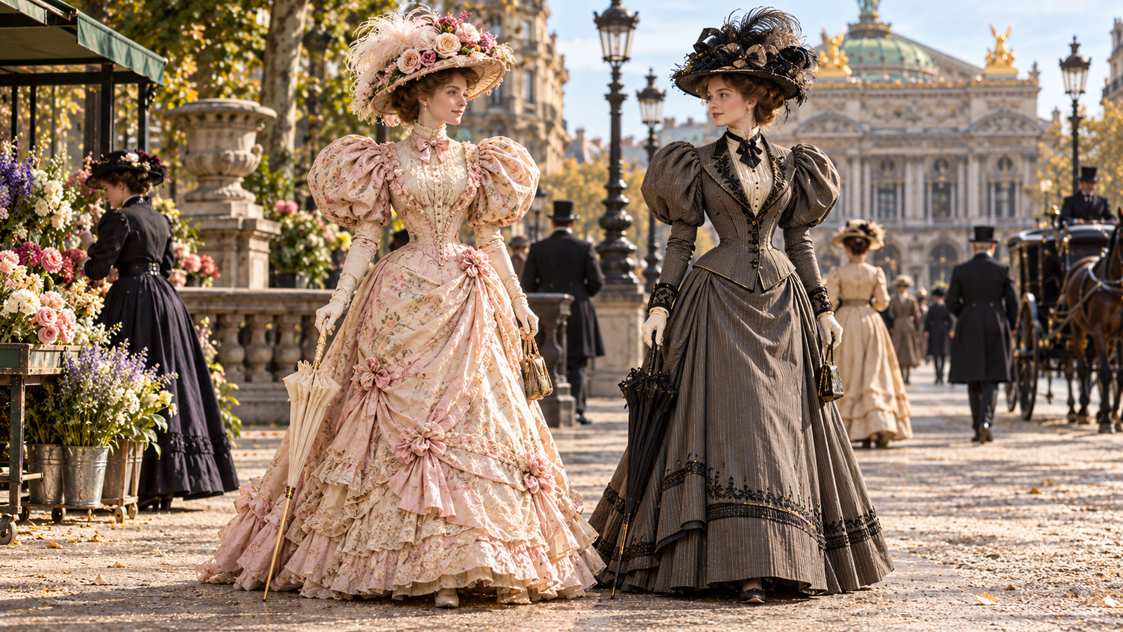 Moda femenina de 1895 con mangas gigot, cintura marcada y falda acampanada