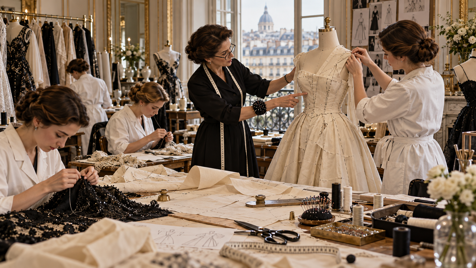 Première y petites mains trabajando alrededor de un maniquí en un atelier de alta costura