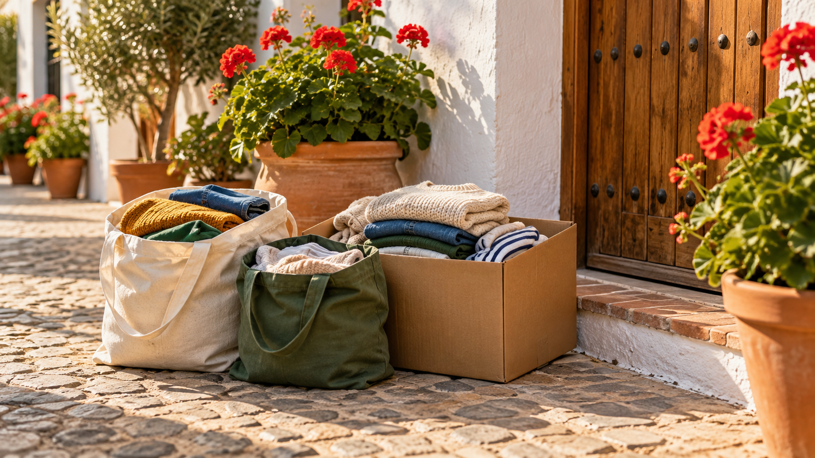 Bolsas de ropa preparadas para donar o reciclar en una calle luminosa del sur de España